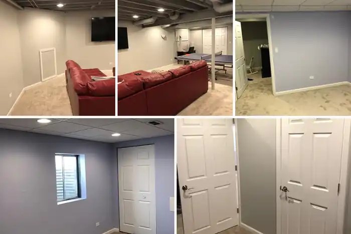 Completed lower-level living space after remodeling